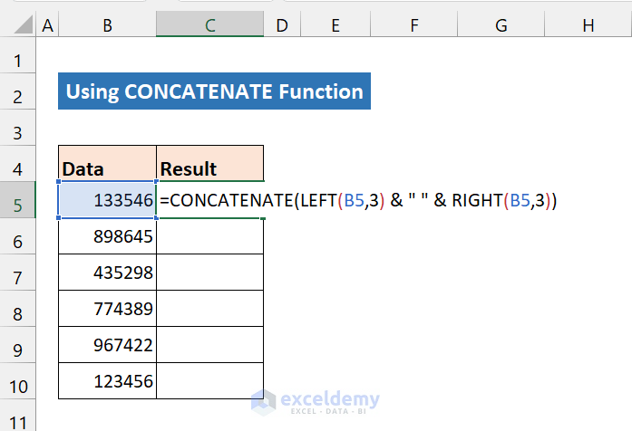 concatenate function to add space between numbers