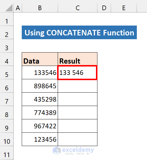 result of concatenate function in excel