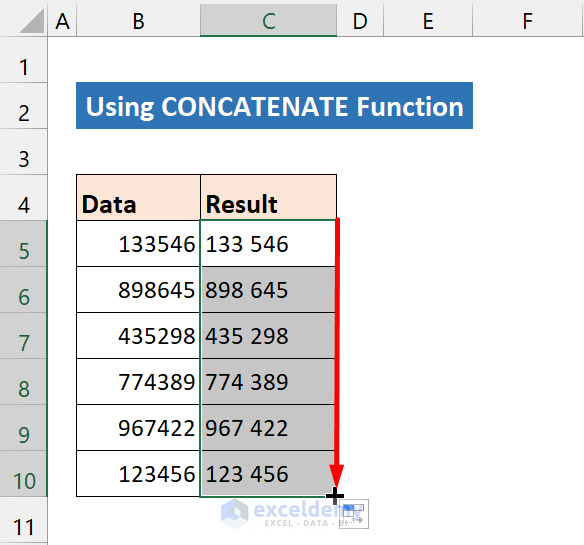 spcae between numbers after using concatenate function