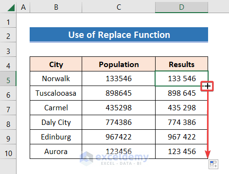 Using Fill Handle to autofill rest of the cell and add space between numbers