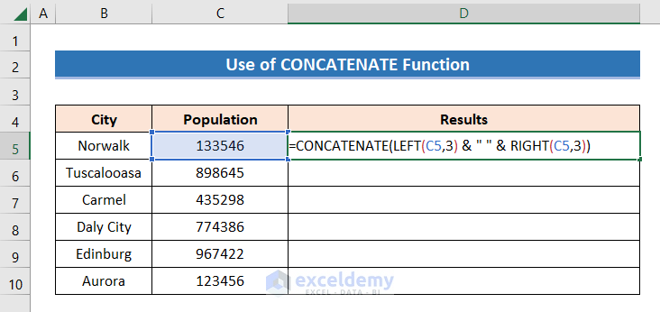 Inserting CONCATENATE, LEFT, and RIGHT Functions in cell D5 for Adding Space Between Numbers