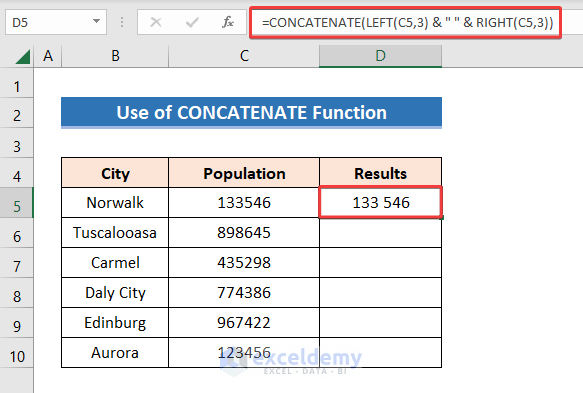 Results after applying the CONCATENATE, LEFT & RIGHT Function 