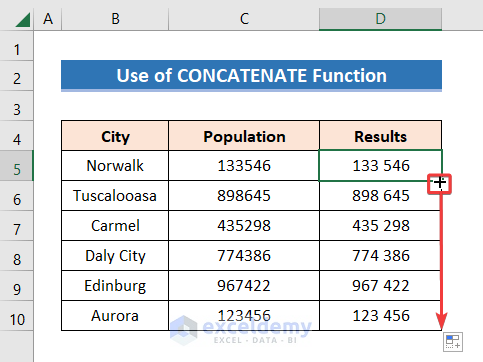 Using Fill Handle to autofill formula in order to add space between numbers 