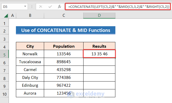 Inserting CONCATENATE, MID, LEFT & RIGHT Function to get space between numbers