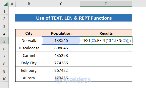 Inserting TEXT, LEN, and REPT Functions to Add Between Numbers