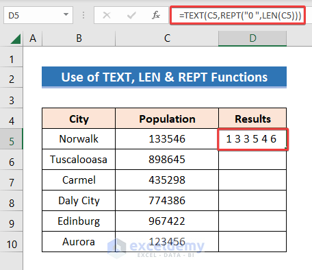 Results after inserting TEXT, LEN, and REPT Functions