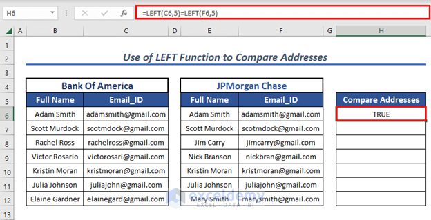 LEFT Function how to compare addresses in excel