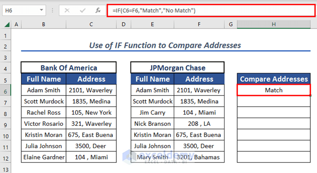 IF how to compare addresses in excel (2BU)