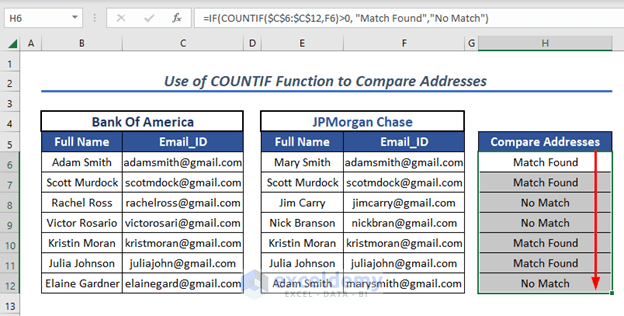 compare addresses in excel