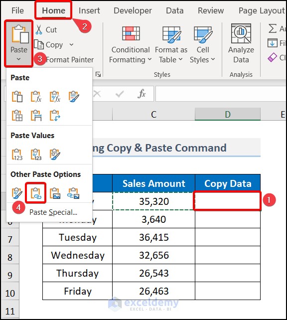 Paste Link to copy data from one cell to another in excel automatically