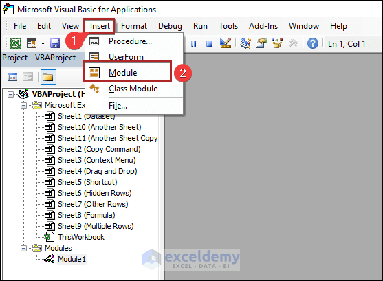 Inserting module to copy rows in Excel