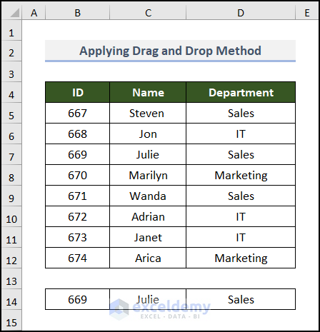 Applying Drag and Drop Method to copy rows in Excel
