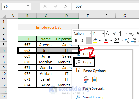 copy rows in excel using right-click and copy command