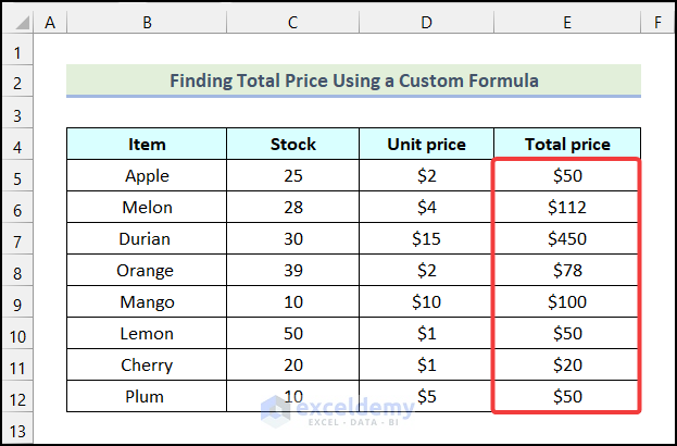 Final output of method 1 to create a custom formula in Excel