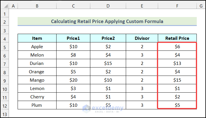 Final output of method 2 to create a custom formula in Excel