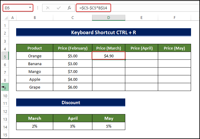 Apply Keyboard Shortcut CTRL + R to create a formula in excel for multiple cells
