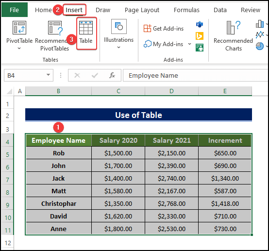 Insert Excel Table to create a formula in excel for multiple cells