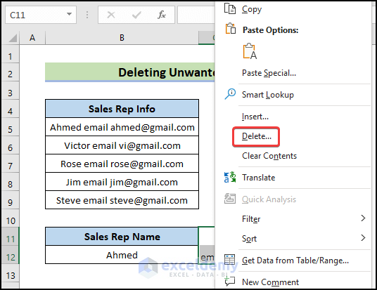 select delete option to Delete a Cell in Excel