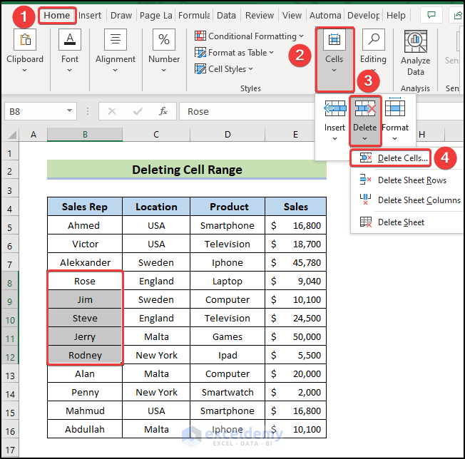 select delete cells option to Delete a Cell in Excel