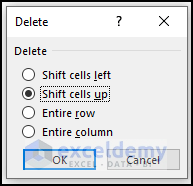 select shift cells up option