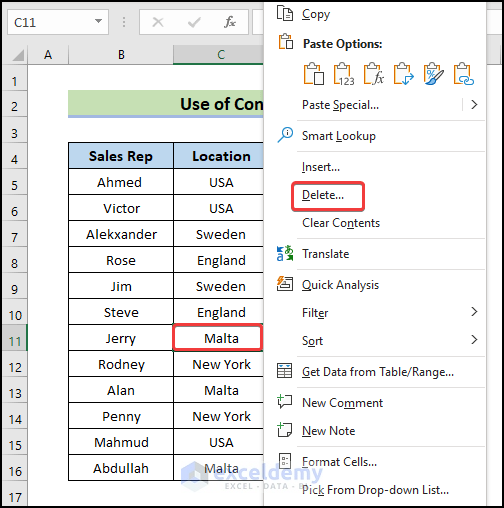 use context menu to Delete a Cell in Excel
