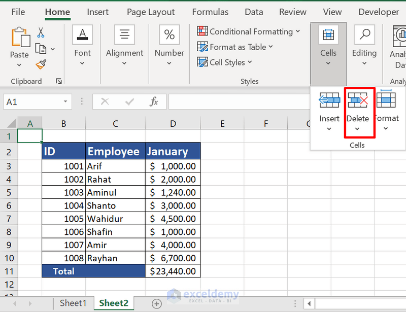 Delete option from cell tab in excel