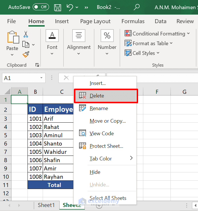 menu for how to delete a sheet in excel