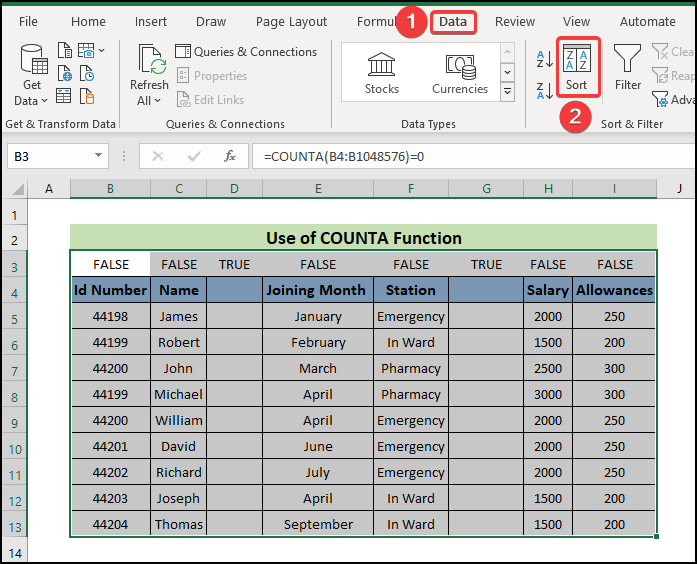 select SORT option to Delete Multiple Columns in Excel
