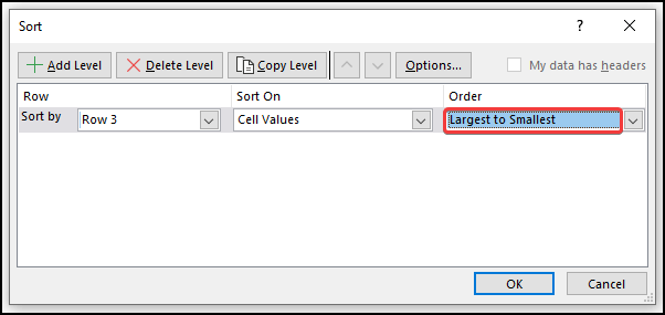 select order option to Delete Multiple Columns in Excel