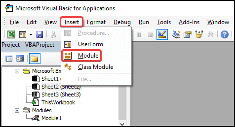 insert module to Delete Multiple Columns in Excel