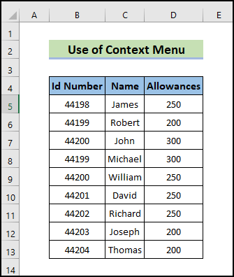 using context menu to Delete Multiple Columns in Excel