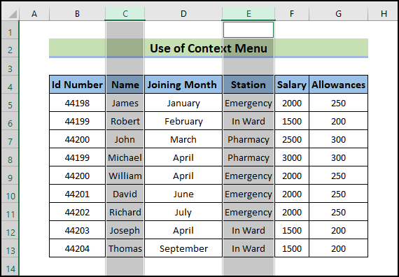 select the desired columns to Delete Multiple Columns in Excel