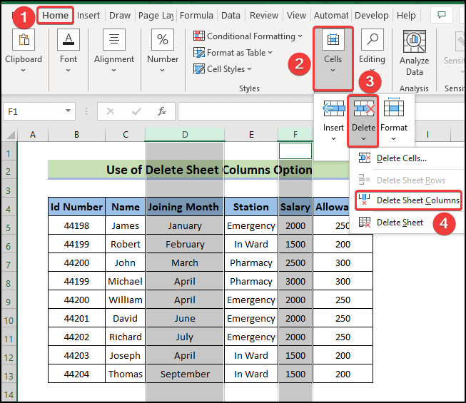 use delete sheet columns option to Delete Multiple Columns in Excel