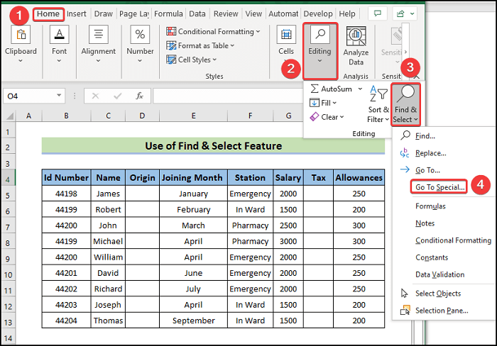 use Find & Select feature to Delete Multiple Columns in Excel