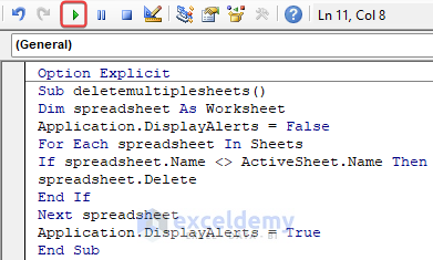 vba code for deleting all sheets except the active sheet