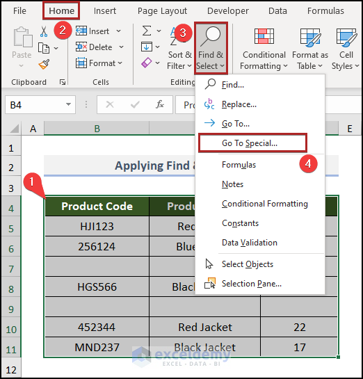 Applying Find & Select Tool in Excel