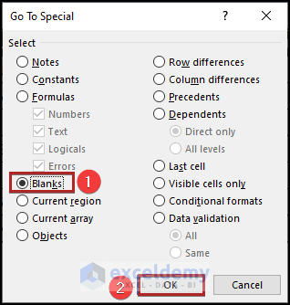 working on Go To Special dialog box to delete rows in Excel