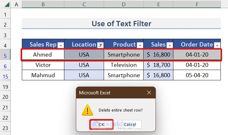 Using Filter to Delete Selected Rows