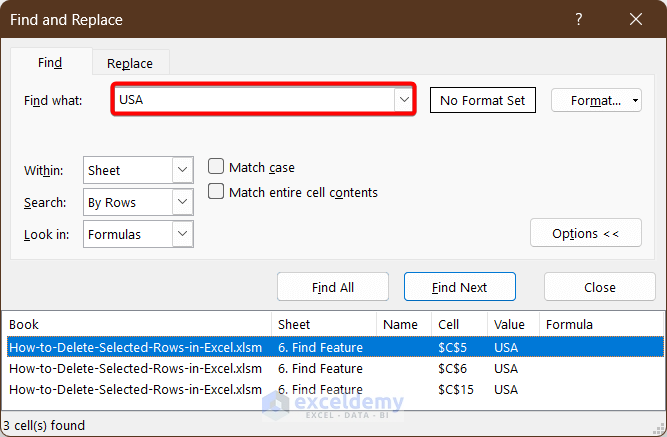 Using Find Feature to Delete the Selected Rows