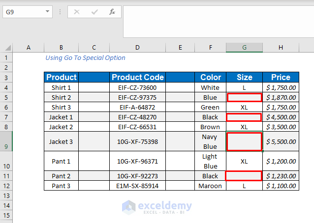 go to special option for empty cells in used column