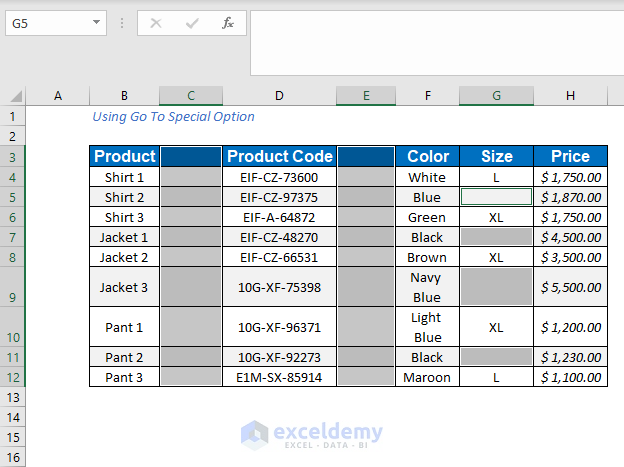 go to special option for empty cells in used column