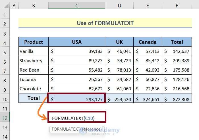 formulatext function to show cell formulas in excel