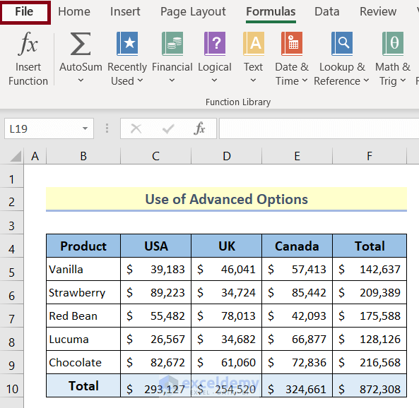 use of advanced options to show cell formulas in excel