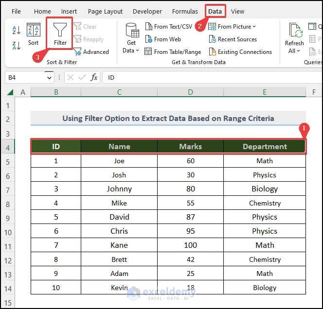 selecting column headings and choosing Filter tool