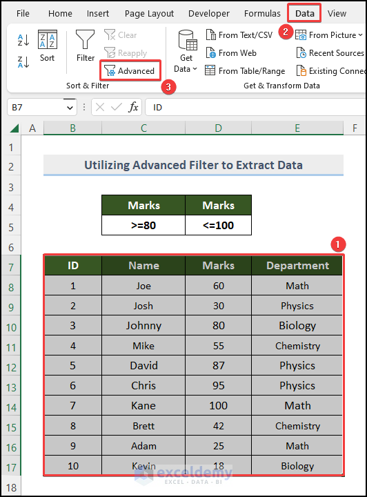 Selecting Dataset and clicking on Advanced Filter option