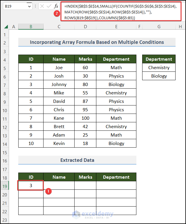 Array formula to extract data based on criteria from excel