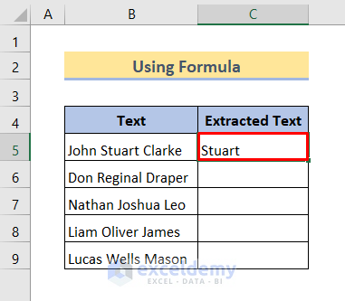 result after entering the formula to extract text from a cell 