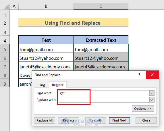 find and replace to extract text from a cell