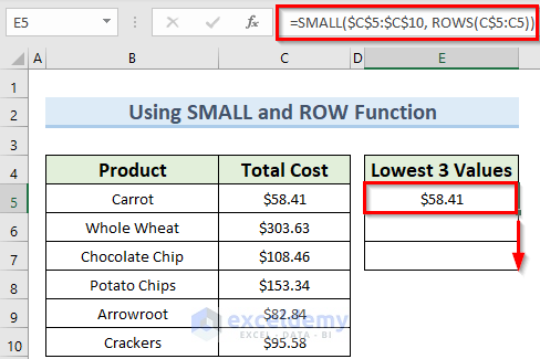 How to Find Lowest 3 Values in Excel Using Small and Row Functions