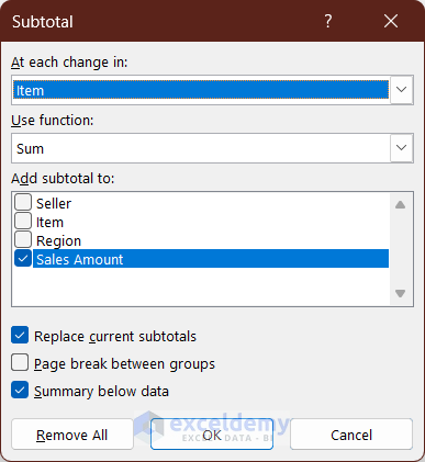 Choosing different options from the subtotal dialogue box